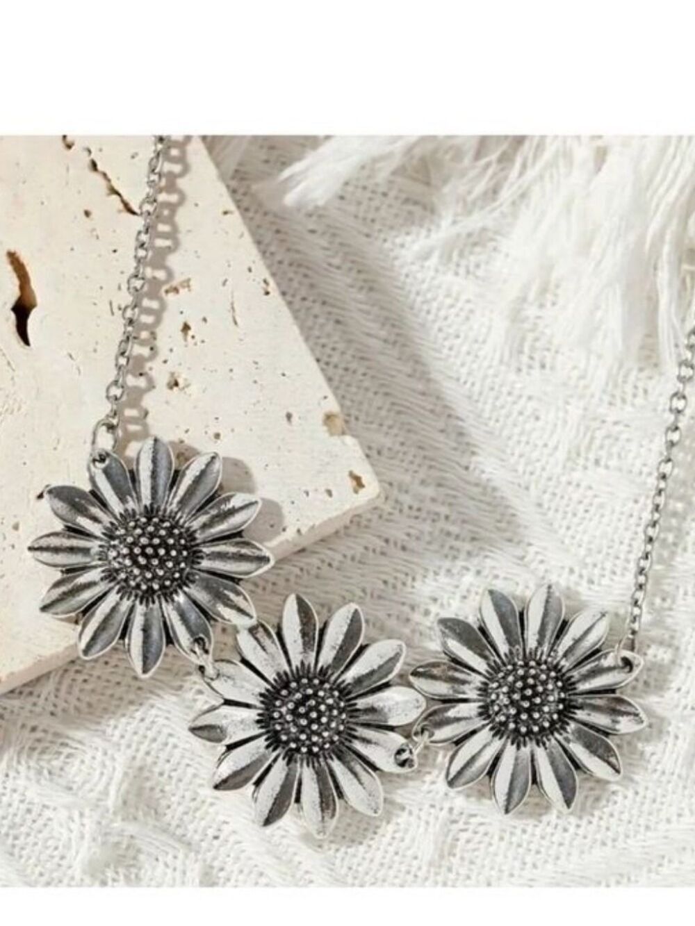 Boho Hippie SUNFLOWER Necklace   Sterling Coat Chain